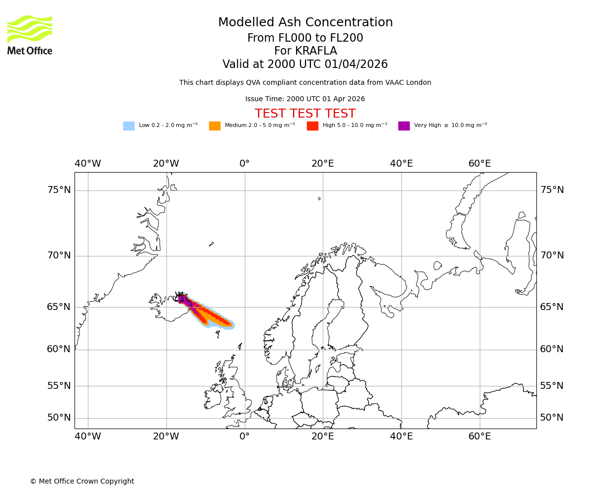 Modelled ash concentration from 000 to 200 for KRAFLA. Valid at 2000 UTC 01/04/2026