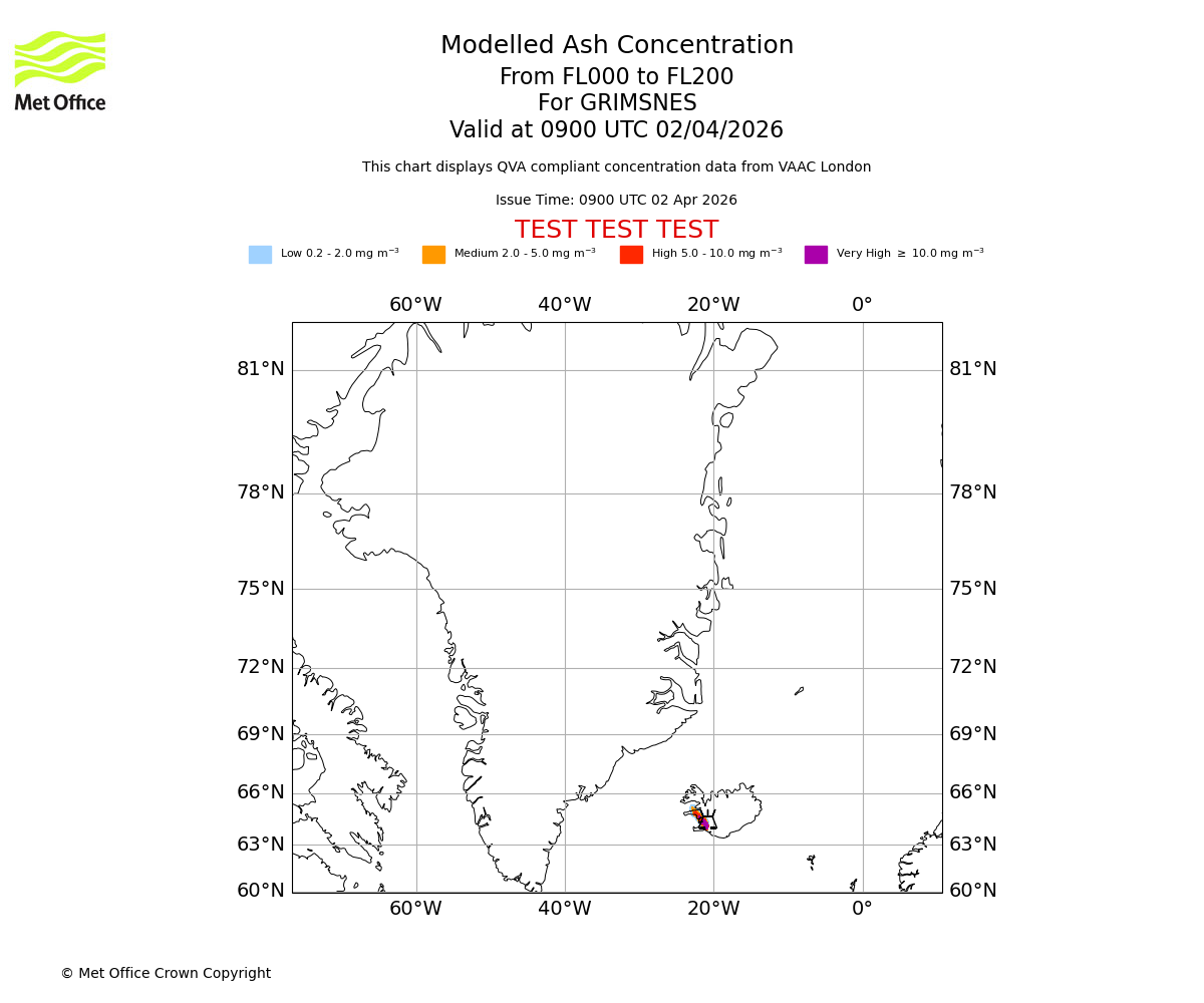 Modelled ash concentration from 000 to 200 for GRIMSNES. Valid at 0900 UTC 02/04/2026