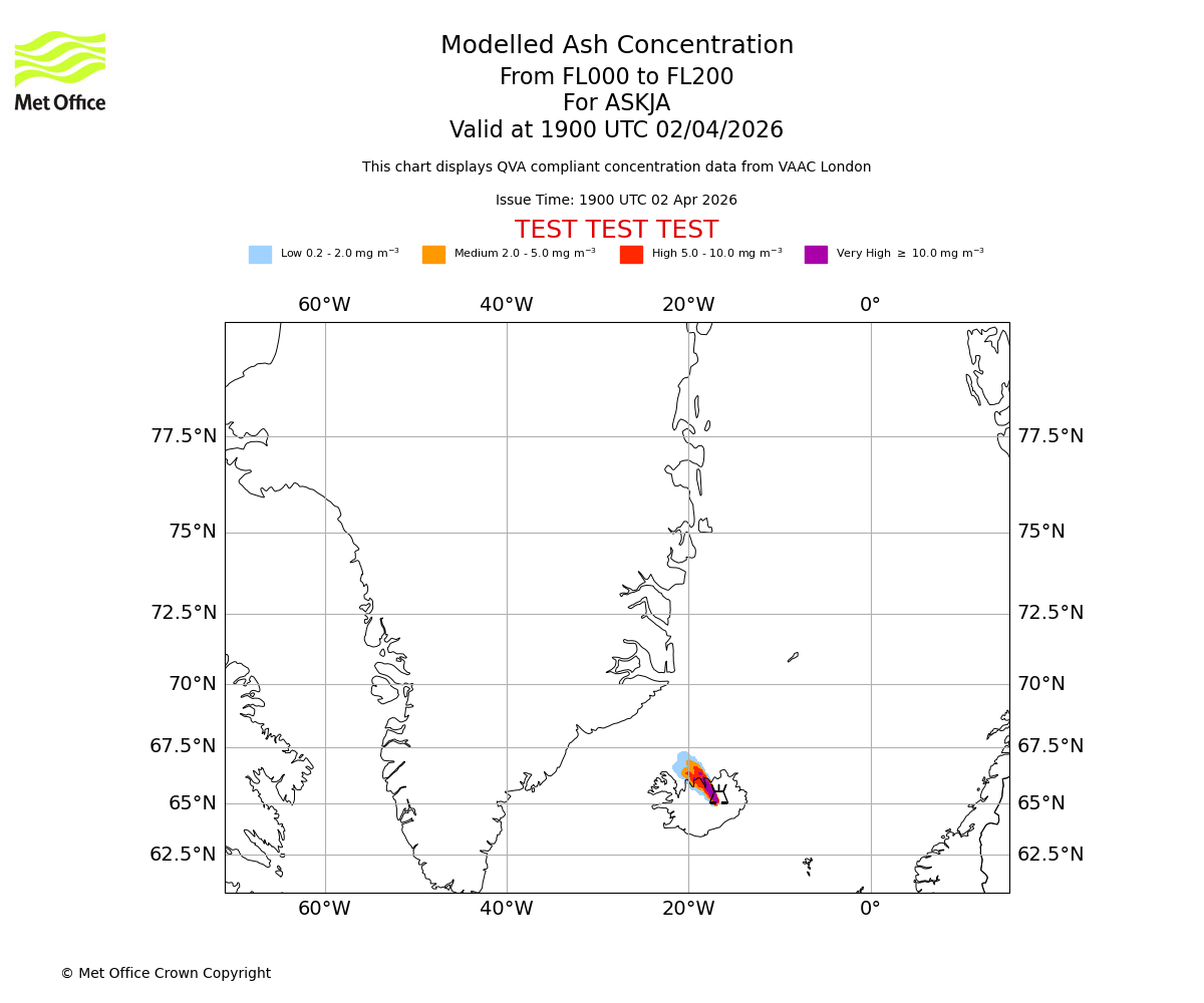 Modelled ash concentration from 000 to 200 for ASKJA. Valid at 1900 UTC 02/04/2026