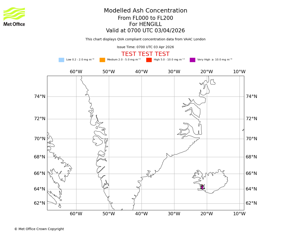 Modelled ash concentration from 000 to 200 for HENGILL. Valid at 0700 UTC 03/04/2026