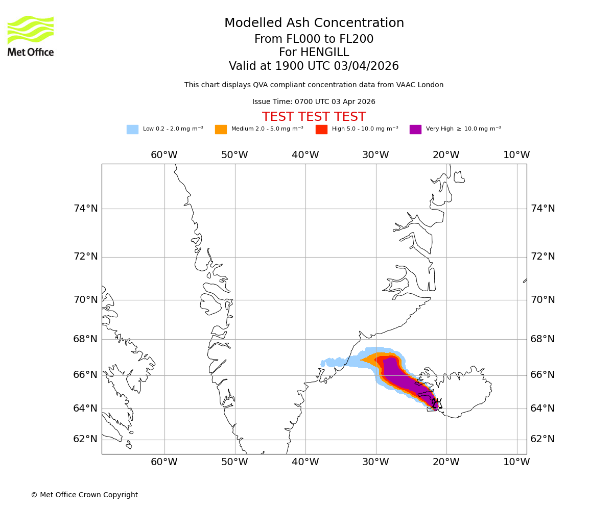 Modelled ash concentration from 000 to 200 for HENGILL. Valid at 1900 UTC 03/04/2026