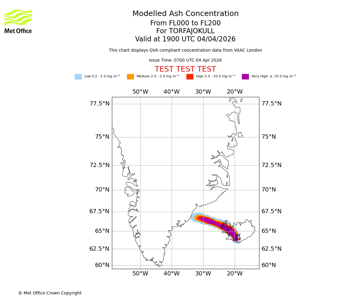 Modelled ash concentration from 000 to 200 for TORFAJOKULL. Valid at 1900 UTC 04/04/2026