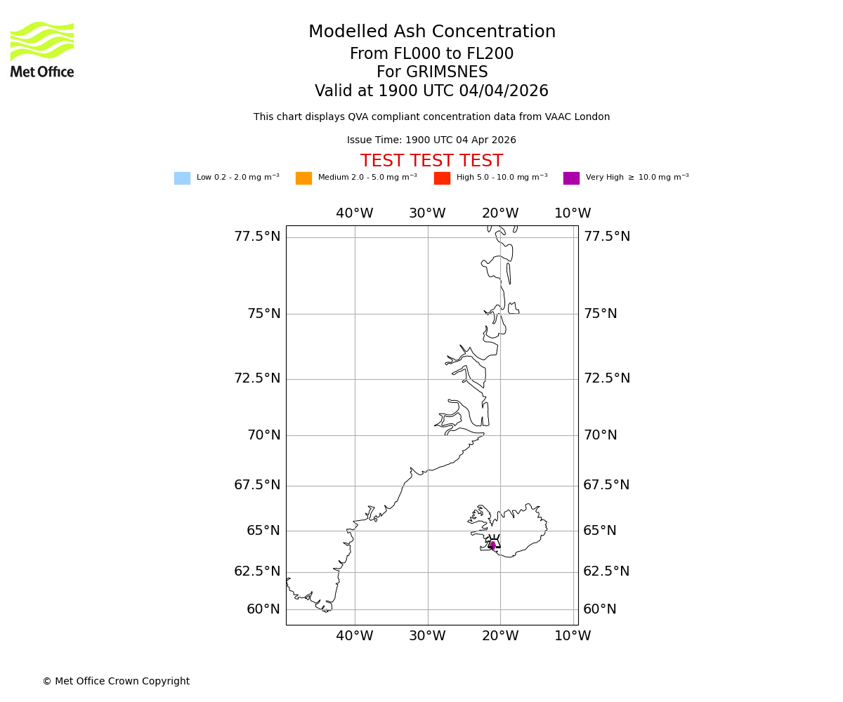 Modelled ash concentration from 000 to 200 for GRIMSNES. Valid at 1900 UTC 04/04/2026