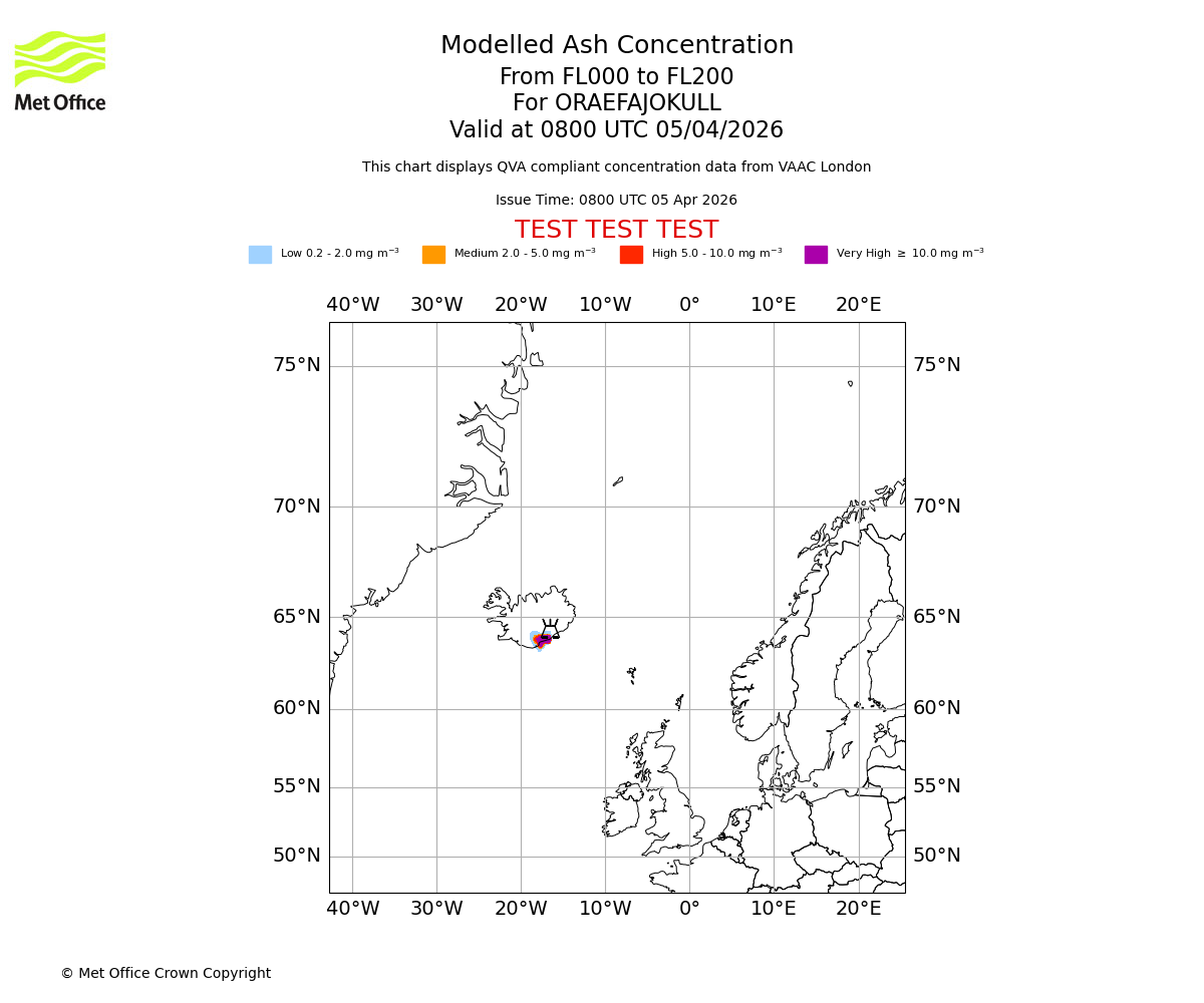 Modelled ash concentration from 000 to 200 for ORAEFAJOKULL. Valid at 0800 UTC 05/04/2026
