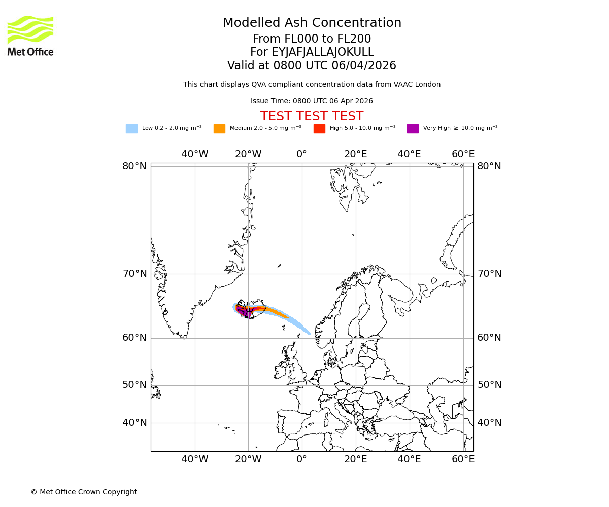 Modelled ash concentration from 000 to 200 for EYJAFJALLAJOKULL. Valid at 0800 UTC 06/04/2026
