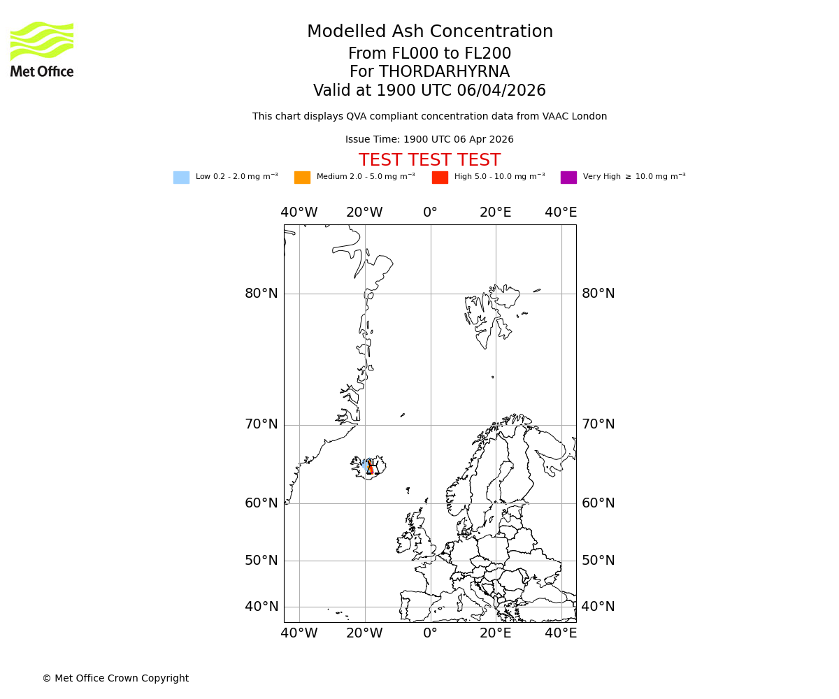 Modelled ash concentration from 000 to 200 for THORDARHYRNA. Valid at 1900 UTC 06/04/2026