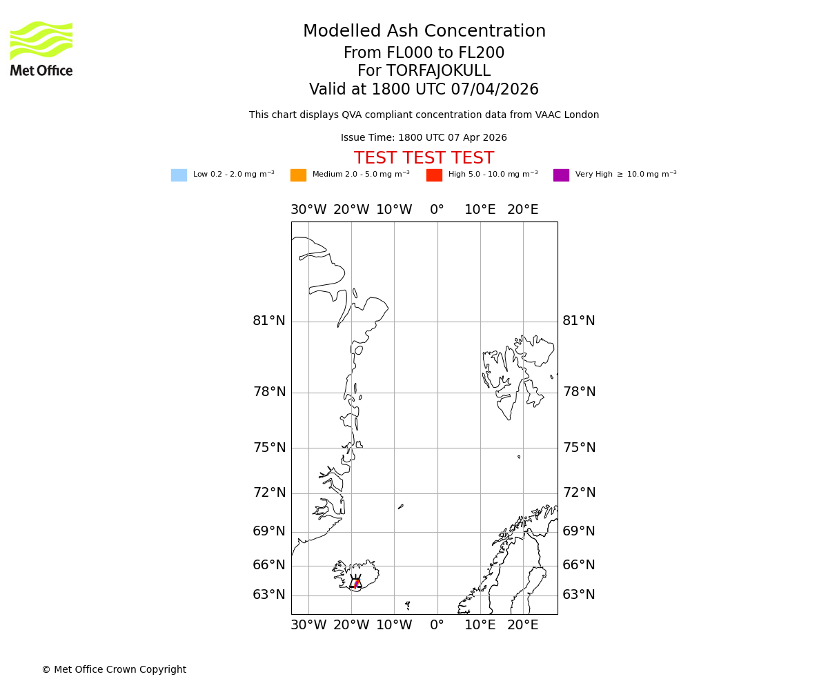 Modelled ash concentration from 000 to 200 for TORFAJOKULL. Valid at 1800 UTC 07/04/2026