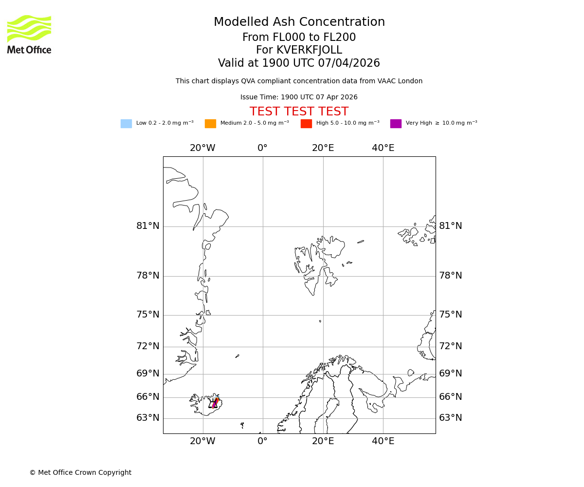 Modelled ash concentration from 000 to 200 for KVERKFJOLL. Valid at 1900 UTC 07/04/2026
