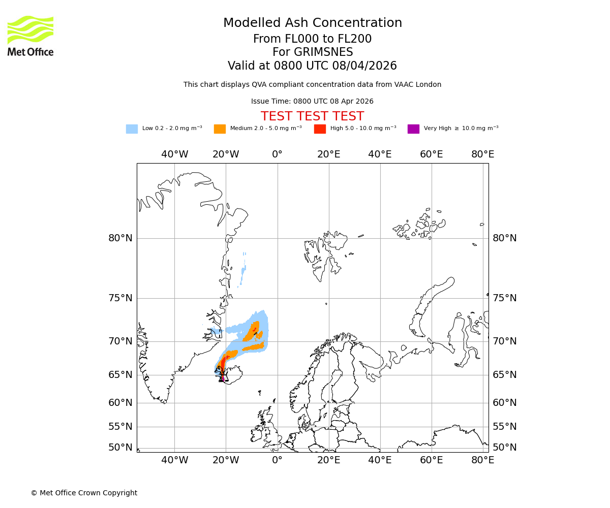 Modelled ash concentration from 000 to 200 for GRIMSNES. Valid at 0800 UTC 08/04/2026