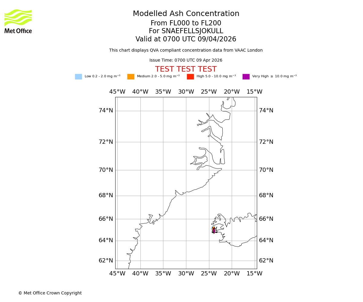 Modelled ash concentration from 000 to 200 for SNAEFELLSJOKULL. Valid at 0700 UTC 09/04/2026
