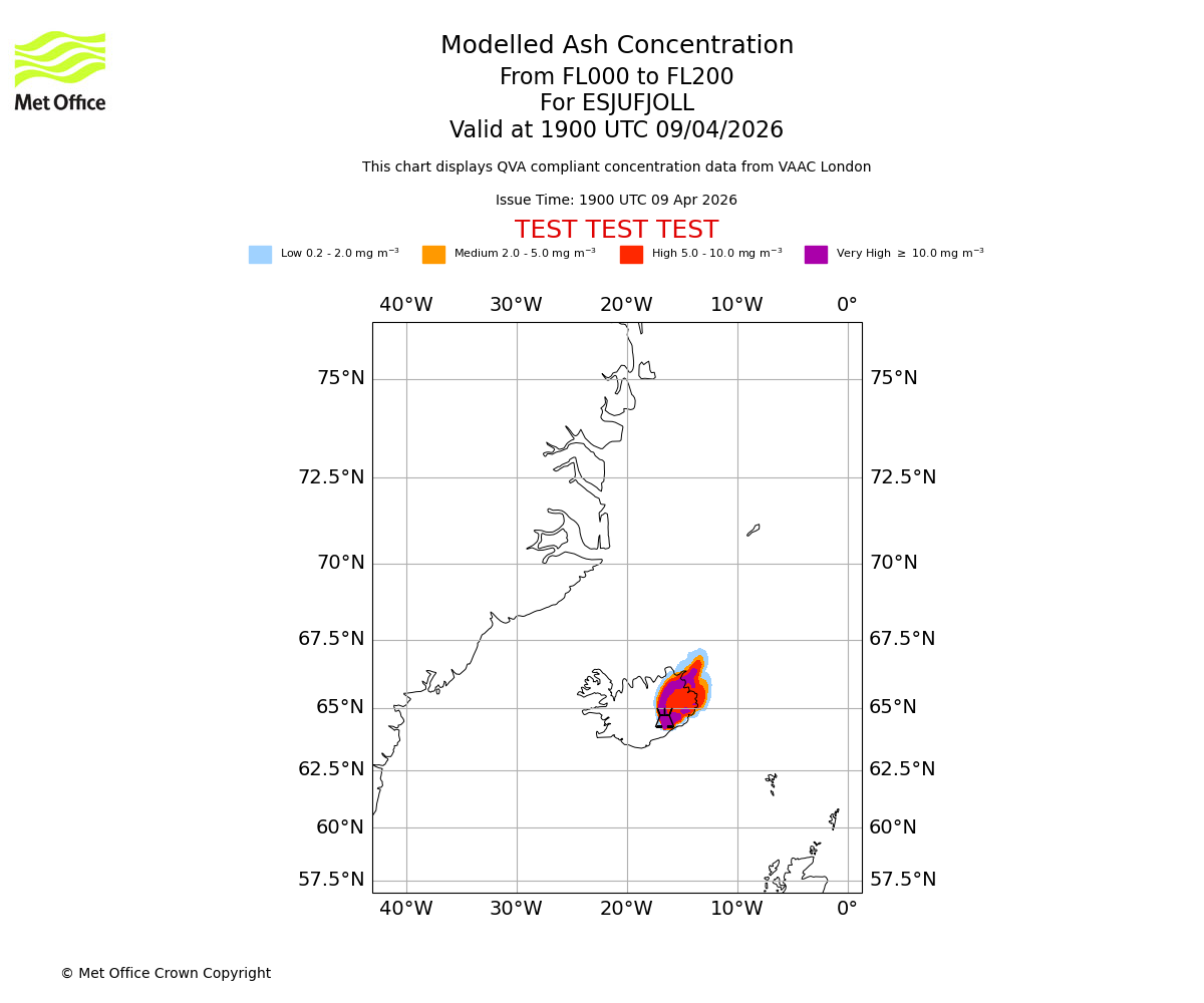 Modelled ash concentration from 000 to 200 for ESJUFJOLL. Valid at 1900 UTC 09/04/2026