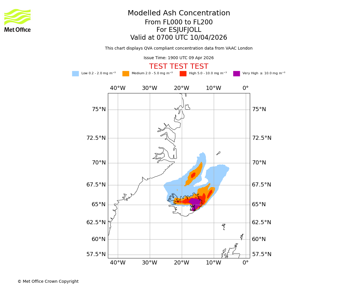 Modelled ash concentration from 000 to 200 for ESJUFJOLL. Valid at 0700 UTC 10/04/2026