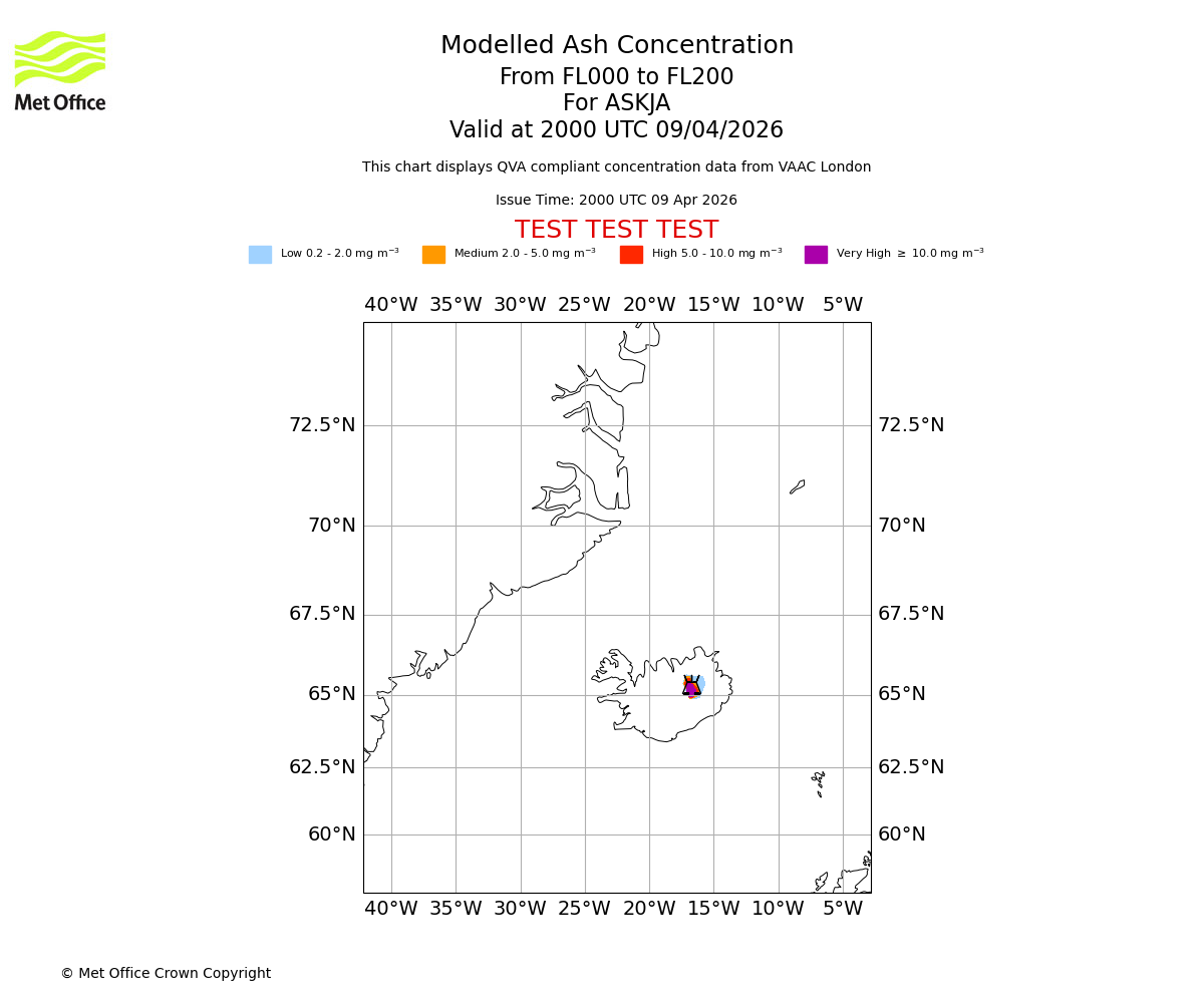 Modelled ash concentration from 000 to 200 for ASKJA. Valid at 2000 UTC 09/04/2026