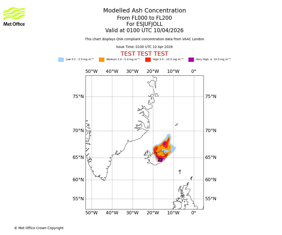 Modelled ash concentration from 000 to 200 for ESJUFJOLL. Valid at 0100 UTC 10/04/2026