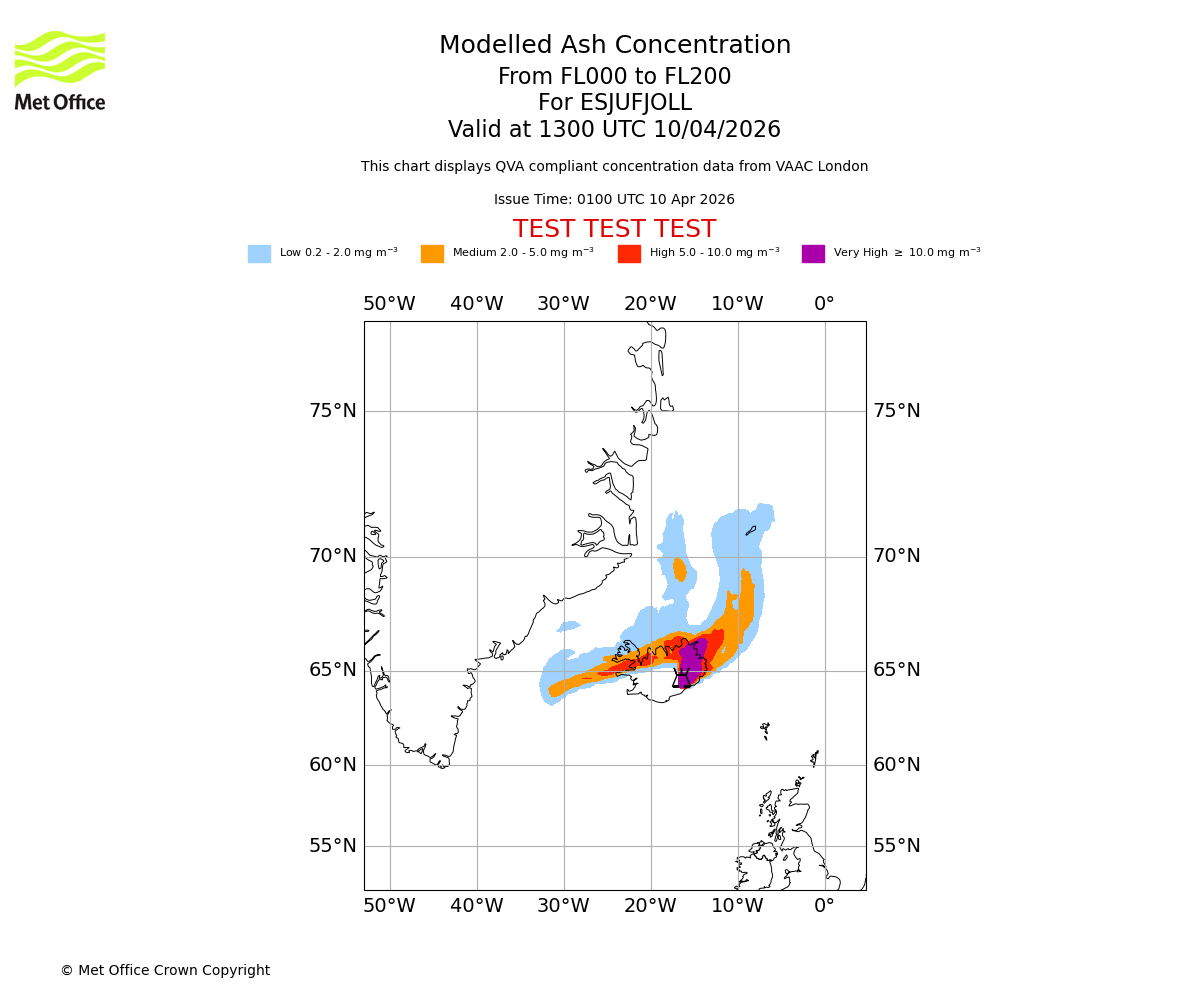 Modelled ash concentration from 000 to 200 for ESJUFJOLL. Valid at 1300 UTC 10/04/2026