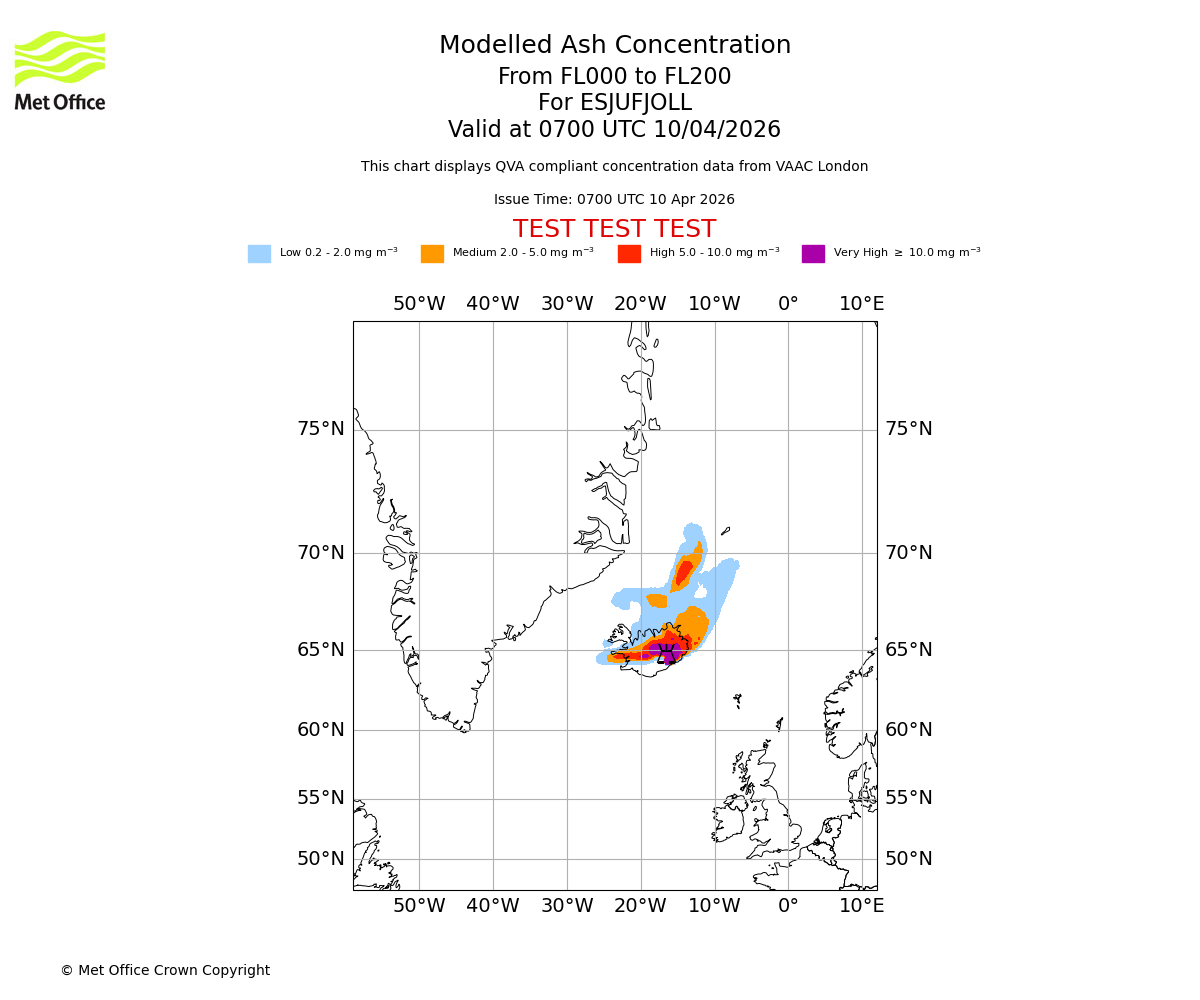 Modelled ash concentration from 000 to 200 for ESJUFJOLL. Valid at 0700 UTC 10/04/2026