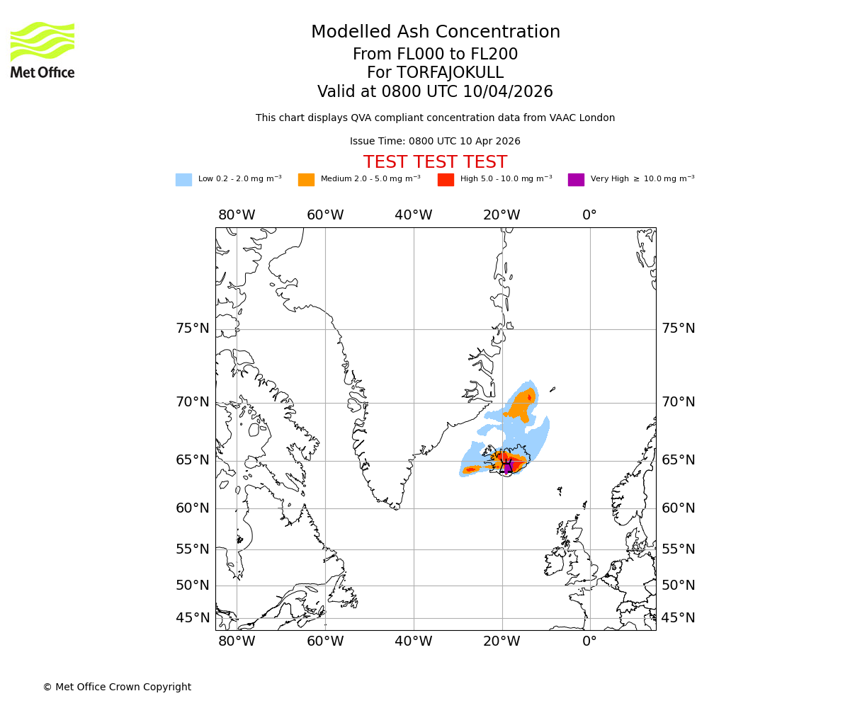 Modelled ash concentration from 000 to 200 for TORFAJOKULL. Valid at 0800 UTC 10/04/2026