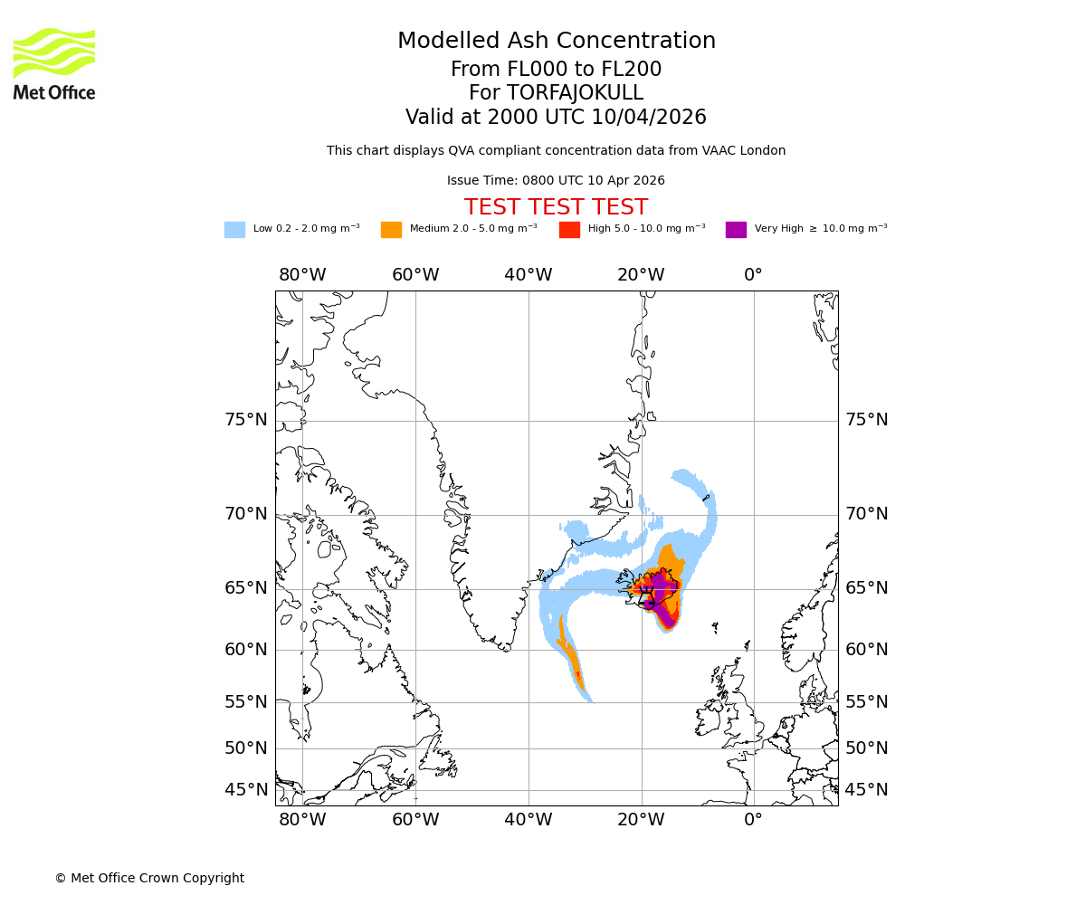 Modelled ash concentration from 000 to 200 for TORFAJOKULL. Valid at 2000 UTC 10/04/2026
