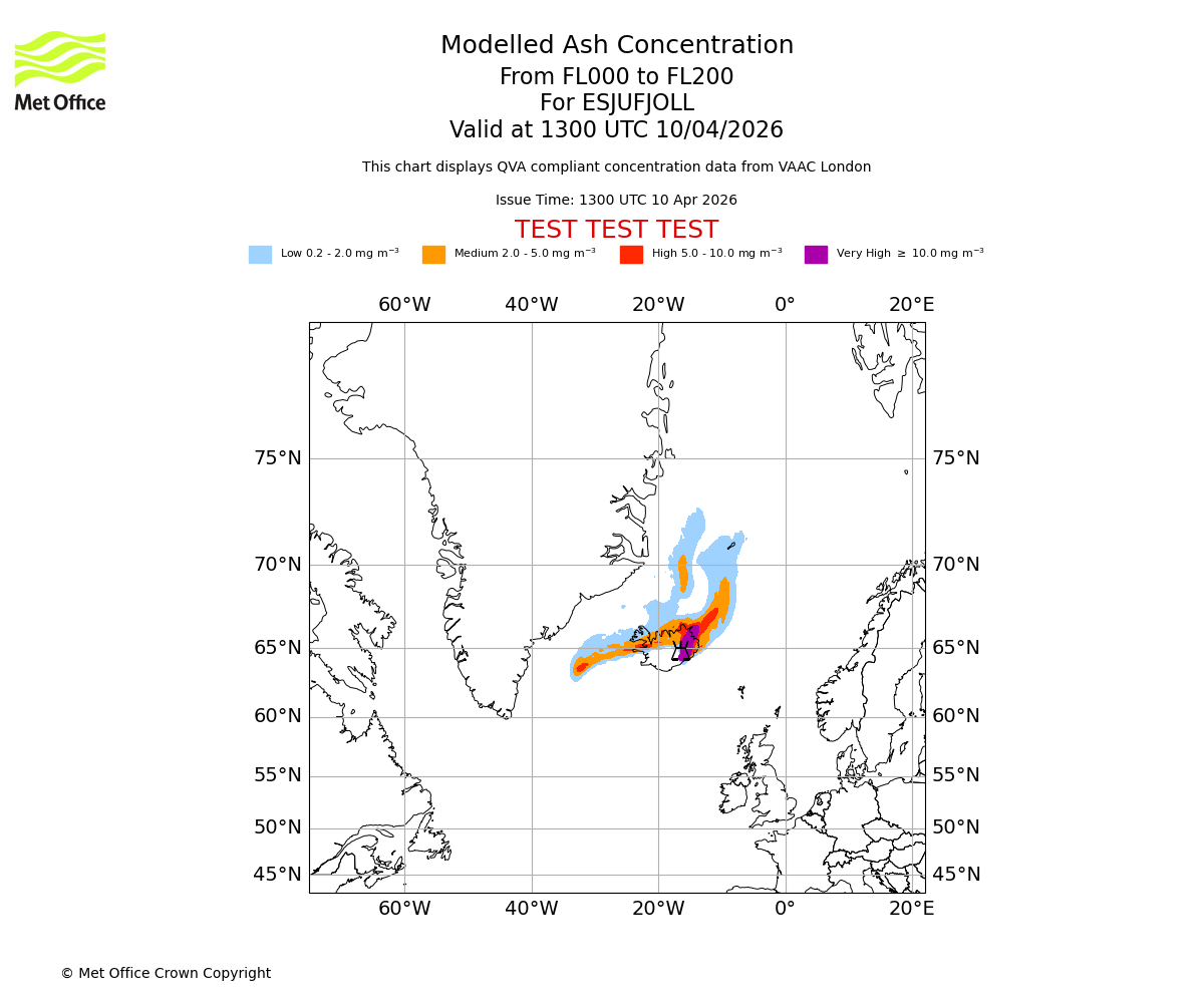 Modelled ash concentration from 000 to 200 for ESJUFJOLL. Valid at 1300 UTC 10/04/2026