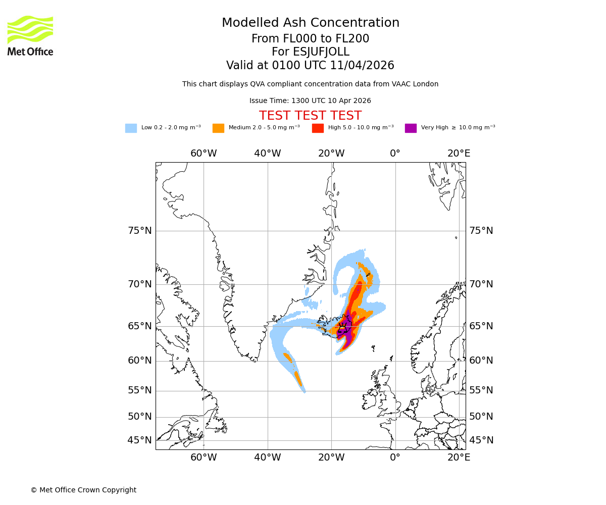 Modelled ash concentration from 000 to 200 for ESJUFJOLL. Valid at 0100 UTC 11/04/2026