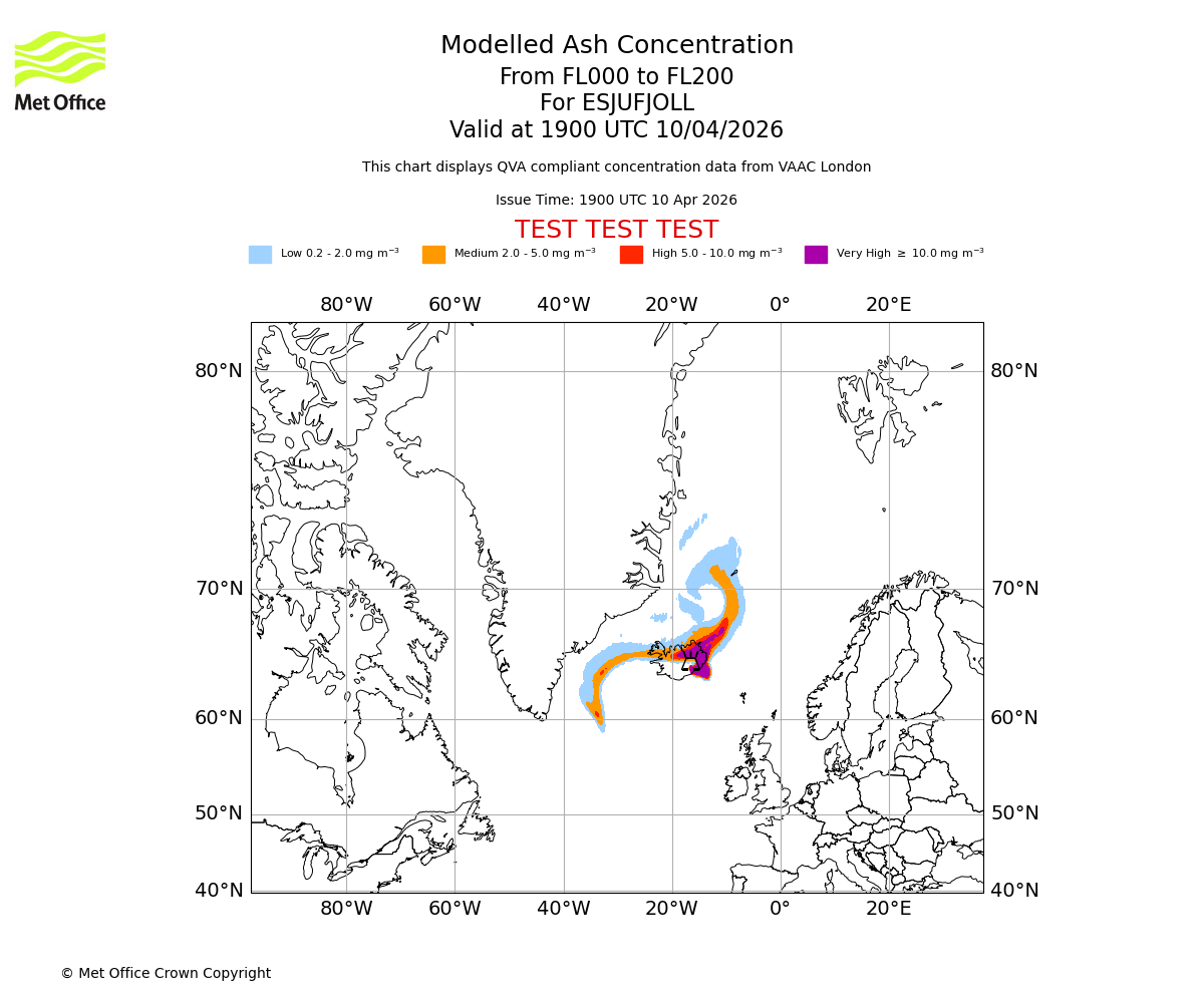 Modelled ash concentration from 000 to 200 for ESJUFJOLL. Valid at 1900 UTC 10/04/2026