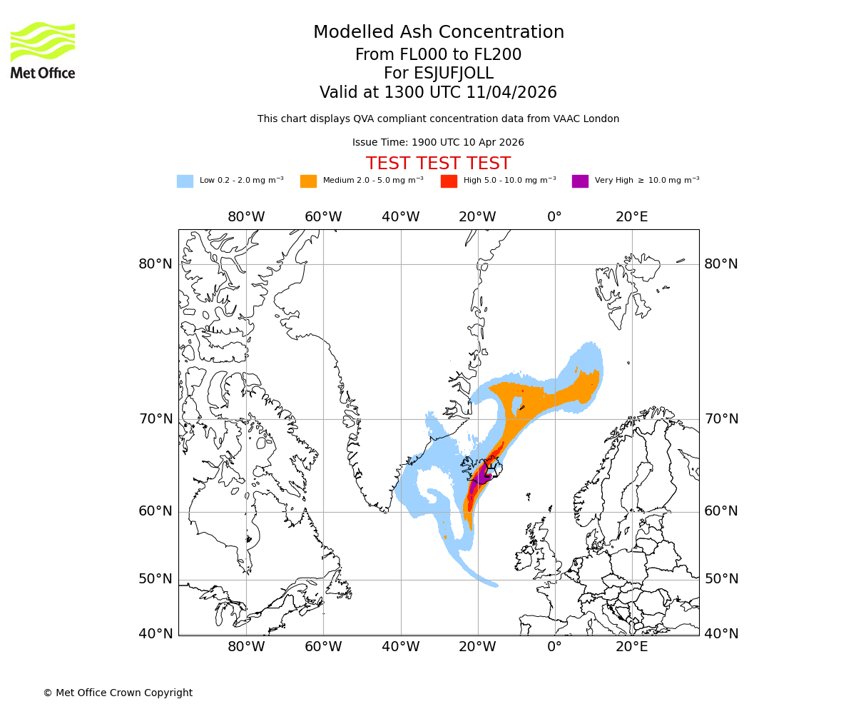 Modelled ash concentration from 000 to 200 for ESJUFJOLL. Valid at 1300 UTC 11/04/2026