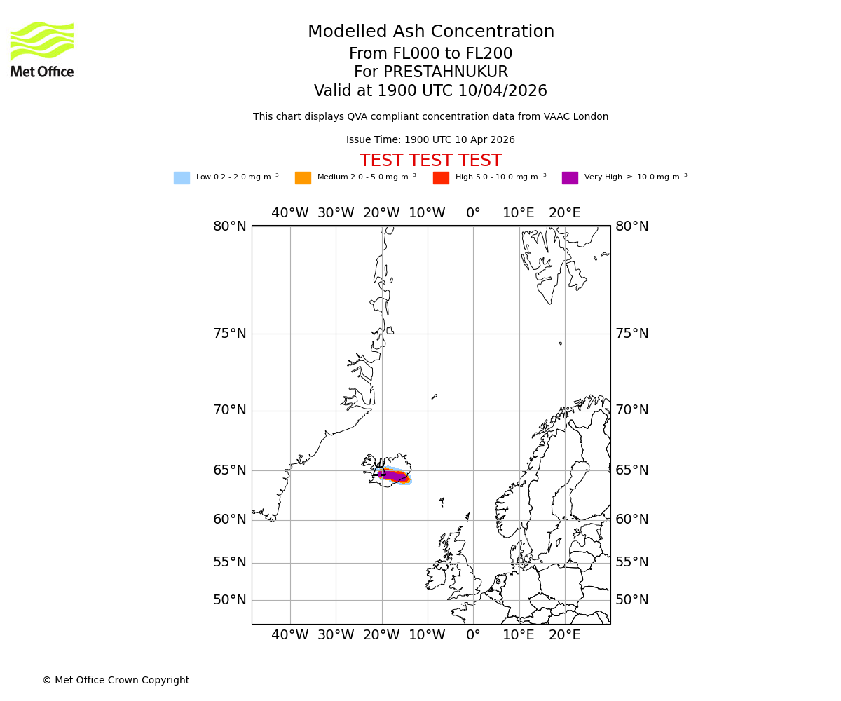 Modelled ash concentration from 000 to 200 for PRESTAHNUKUR. Valid at 1900 UTC 10/04/2026