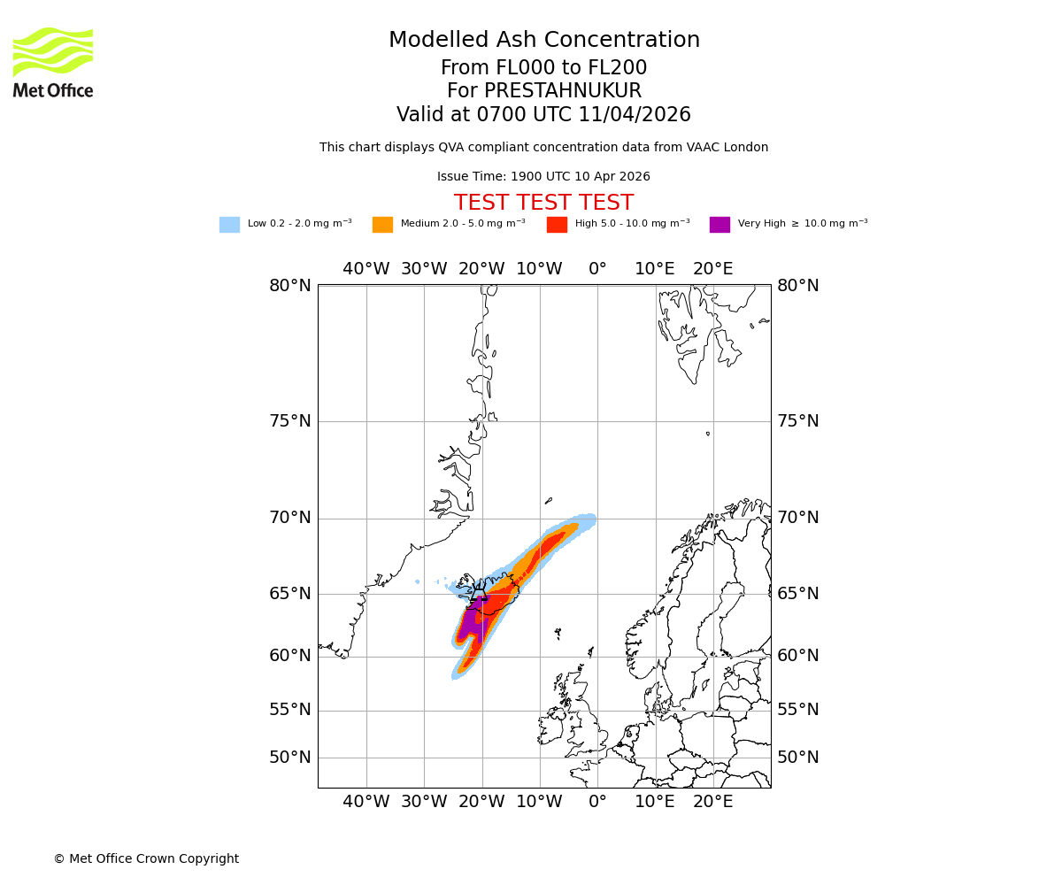 Modelled ash concentration from 000 to 200 for PRESTAHNUKUR. Valid at 0700 UTC 11/04/2026