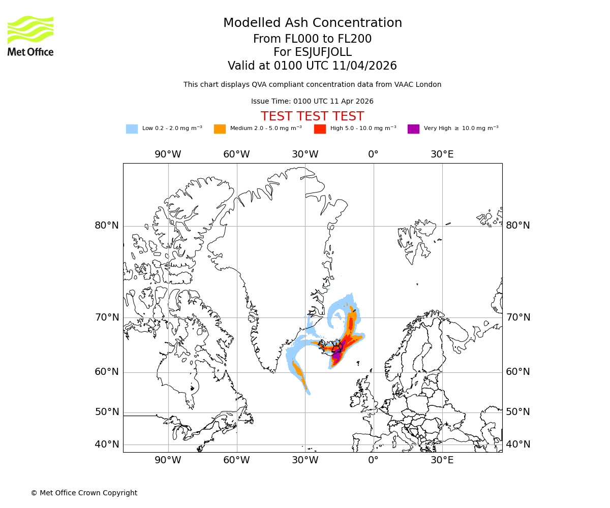 Modelled ash concentration from 000 to 200 for ESJUFJOLL. Valid at 0100 UTC 11/04/2026