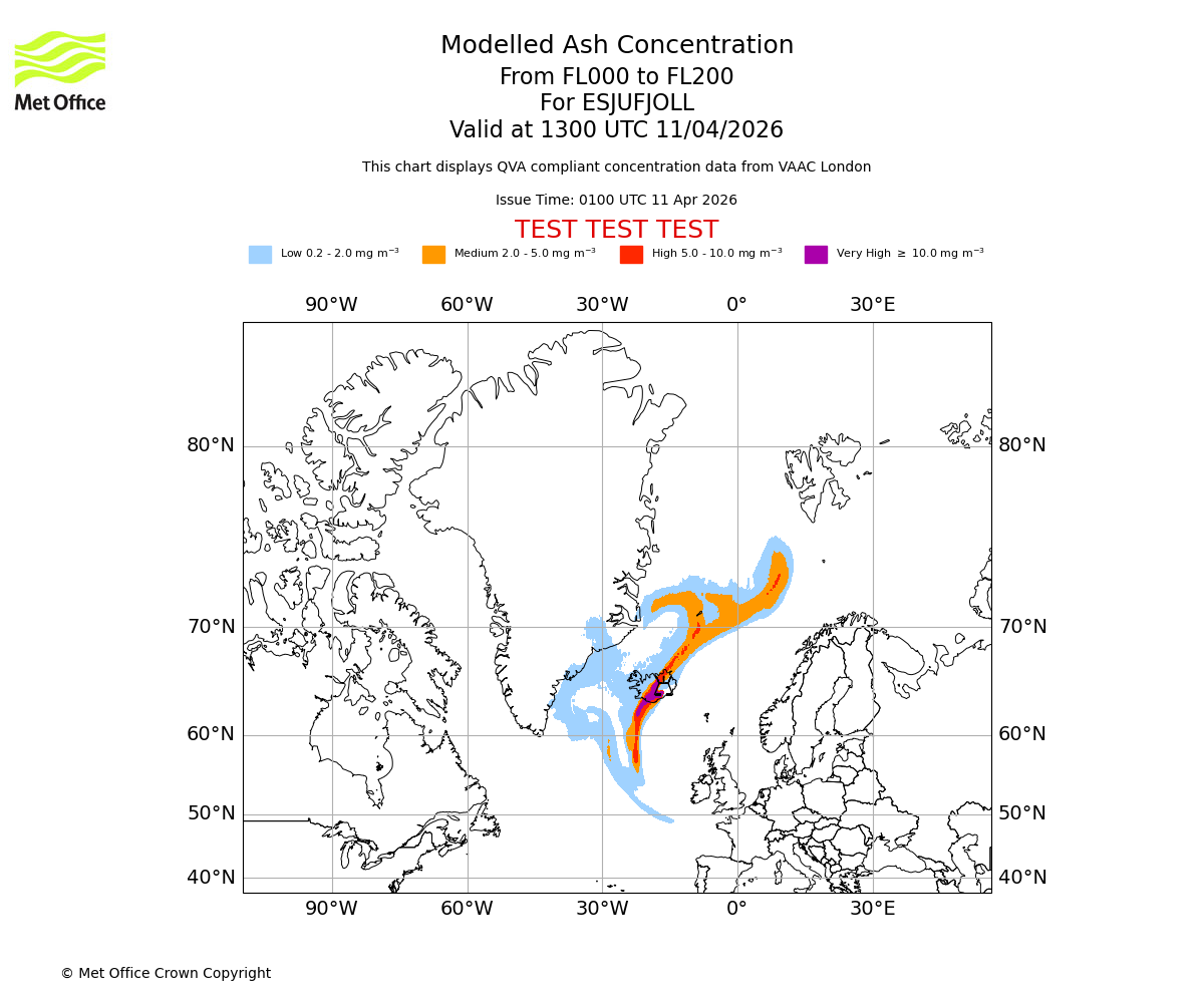 Modelled ash concentration from 000 to 200 for ESJUFJOLL. Valid at 1300 UTC 11/04/2026