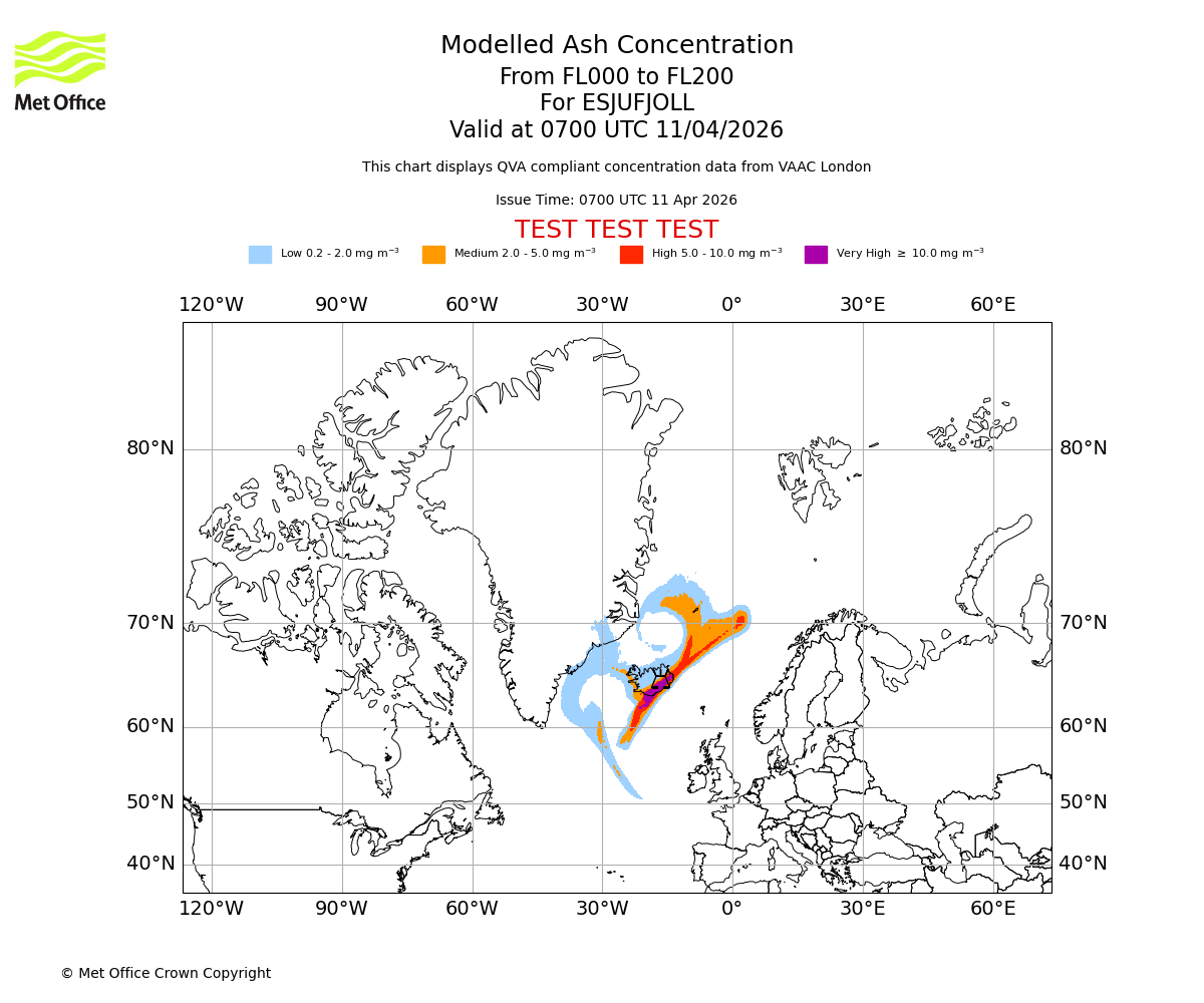 Modelled ash concentration from 000 to 200 for ESJUFJOLL. Valid at 0700 UTC 11/04/2026