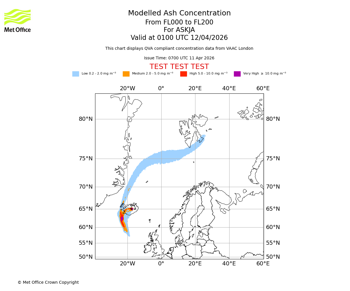 Modelled ash concentration from 000 to 200 for ASKJA. Valid at 0100 UTC 12/04/2026