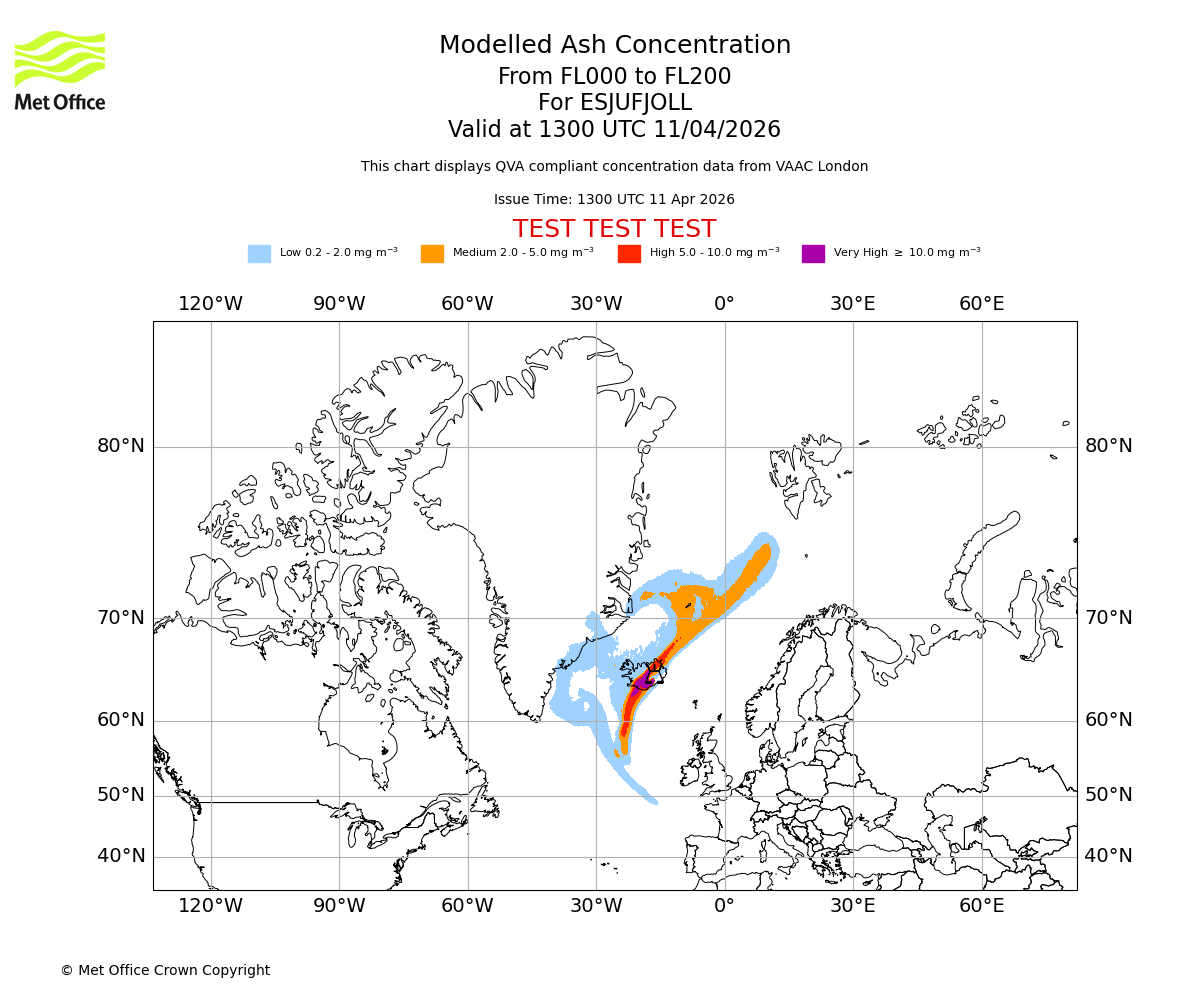 Modelled ash concentration from 000 to 200 for ESJUFJOLL. Valid at 1300 UTC 11/04/2026