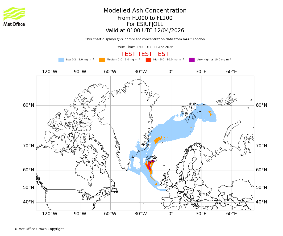 Modelled ash concentration from 000 to 200 for ESJUFJOLL. Valid at 0100 UTC 12/04/2026