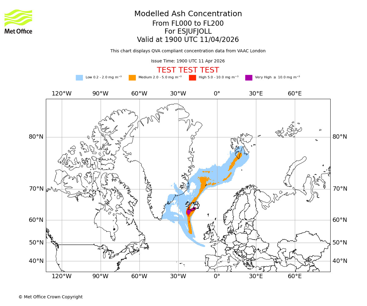 Modelled ash concentration from 000 to 200 for ESJUFJOLL. Valid at 1900 UTC 11/04/2026