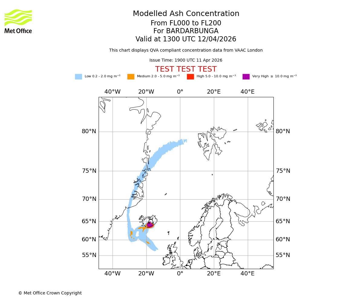 Modelled ash concentration from 000 to 200 for BARDARBUNGA. Valid at 1300 UTC 12/04/2026