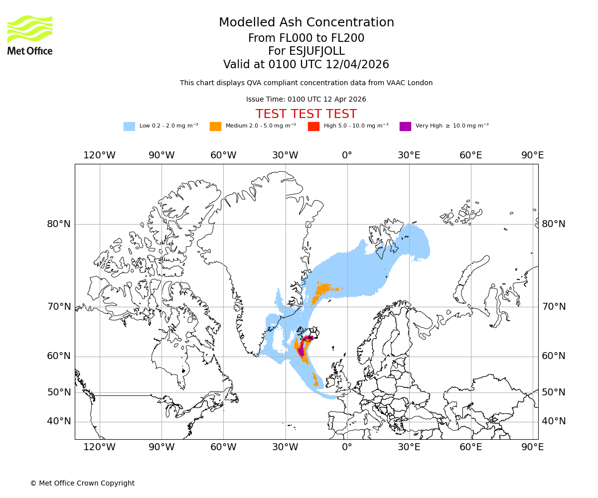 Modelled ash concentration from 000 to 200 for ESJUFJOLL. Valid at 0100 UTC 12/04/2026