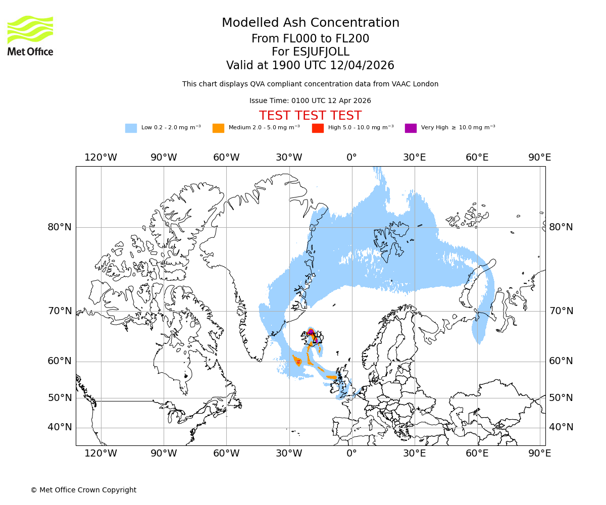 Modelled ash concentration from 000 to 200 for ESJUFJOLL. Valid at 1900 UTC 12/04/2026