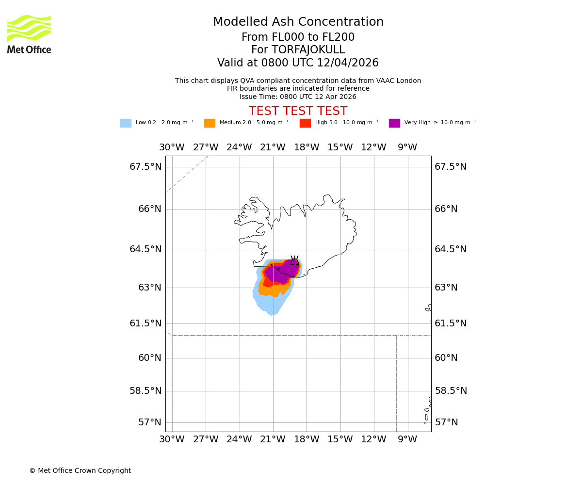 Modelled ash concentration from 000 to 200 for TORFAJOKULL. Valid at 0800 UTC 12/04/2026