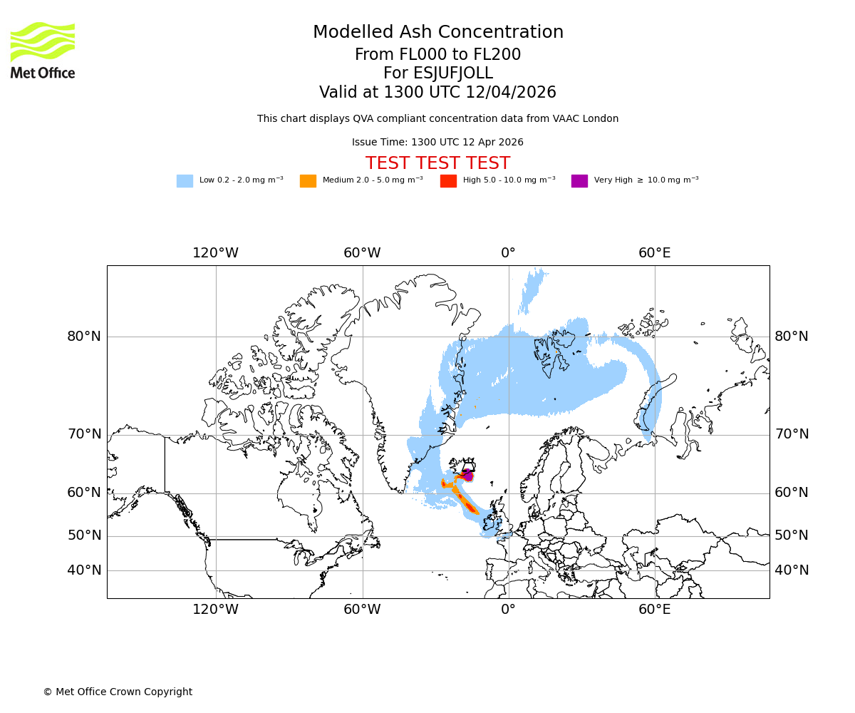 Modelled ash concentration from 000 to 200 for ESJUFJOLL. Valid at 1300 UTC 12/04/2026