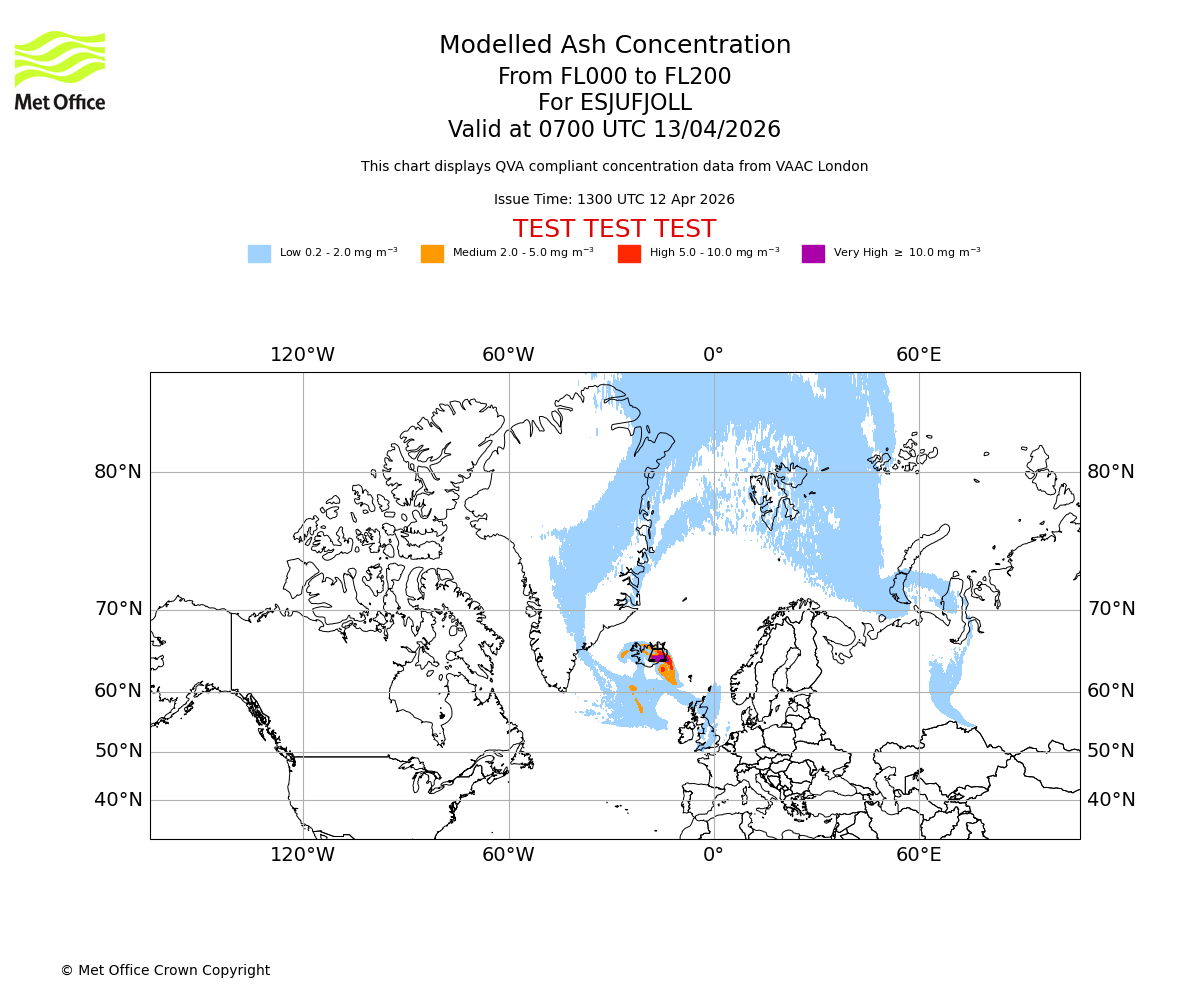Modelled ash concentration from 000 to 200 for ESJUFJOLL. Valid at 0700 UTC 13/04/2026
