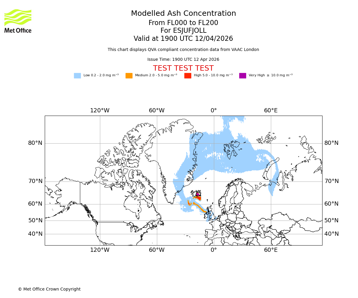 Modelled ash concentration from 000 to 200 for ESJUFJOLL. Valid at 1900 UTC 12/04/2026