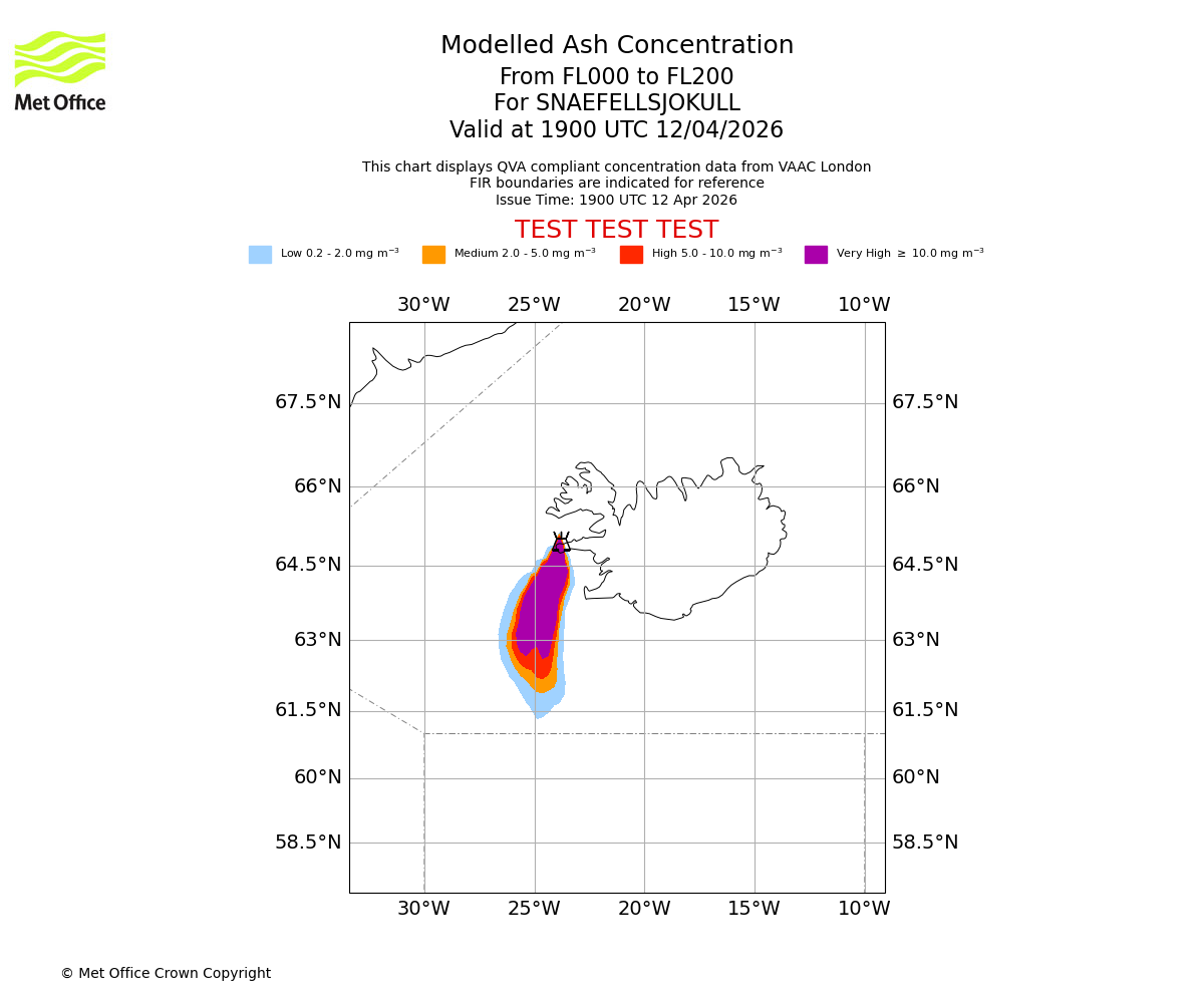 Modelled ash concentration from 000 to 200 for SNAEFELLSJOKULL. Valid at 1900 UTC 12/04/2026