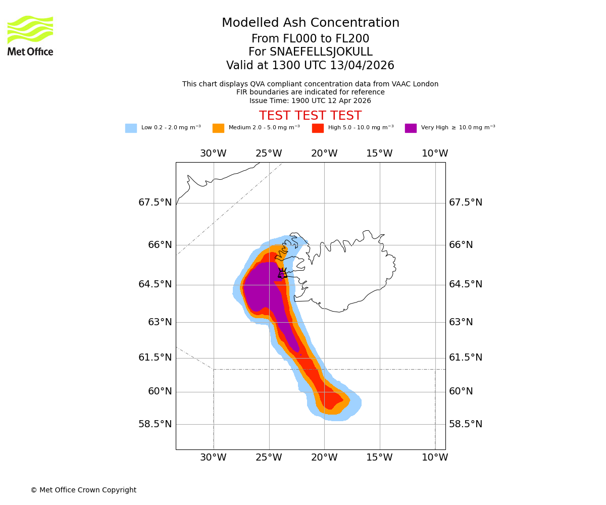 Modelled ash concentration from 000 to 200 for SNAEFELLSJOKULL. Valid at 1300 UTC 13/04/2026