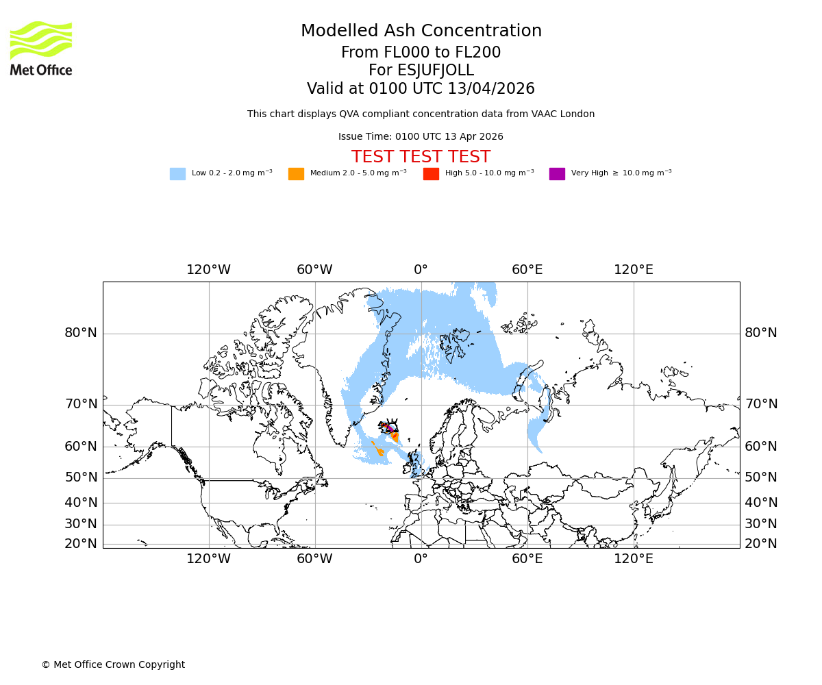 Modelled ash concentration from 000 to 200 for ESJUFJOLL. Valid at 0100 UTC 13/04/2026