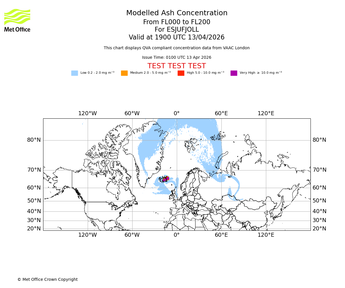 Modelled ash concentration from 000 to 200 for ESJUFJOLL. Valid at 1900 UTC 13/04/2026