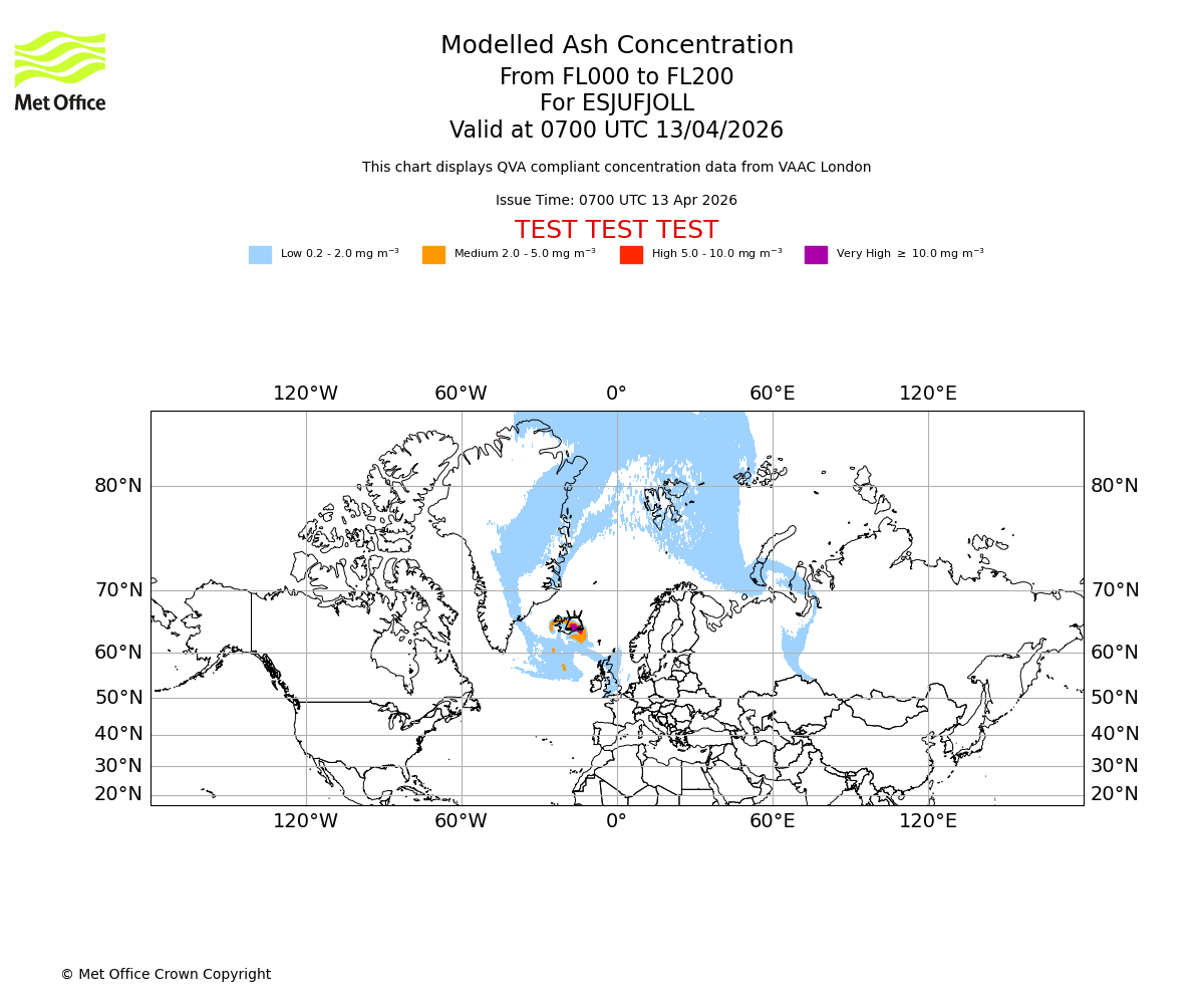 Modelled ash concentration from 000 to 200 for ESJUFJOLL. Valid at 0700 UTC 13/04/2026