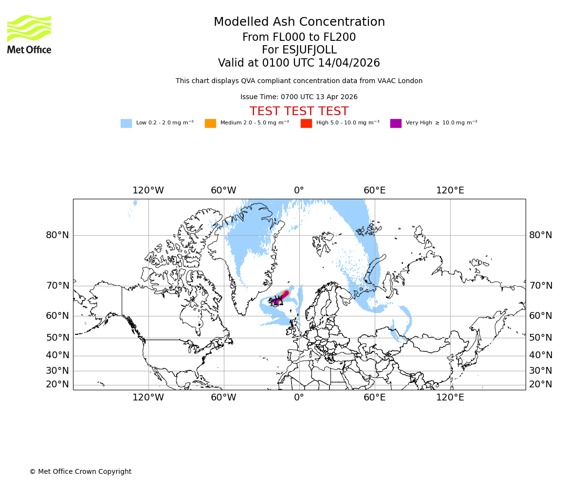 Modelled ash concentration from 000 to 200 for ESJUFJOLL. Valid at 0100 UTC 14/04/2026