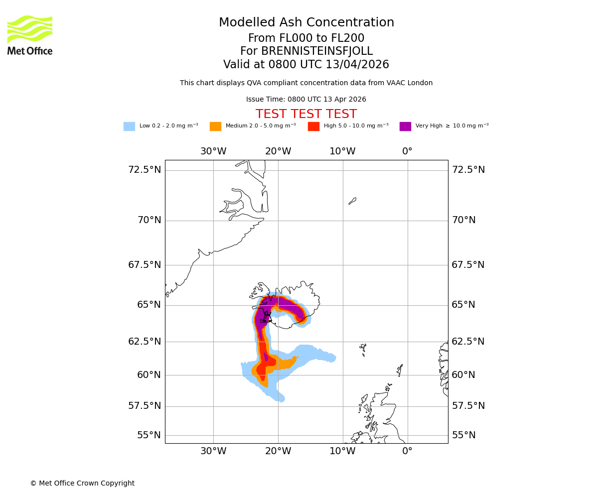 Modelled ash concentration from 000 to 200 for BRENNISTEINSFJOLL. Valid at 0800 UTC 13/04/2026