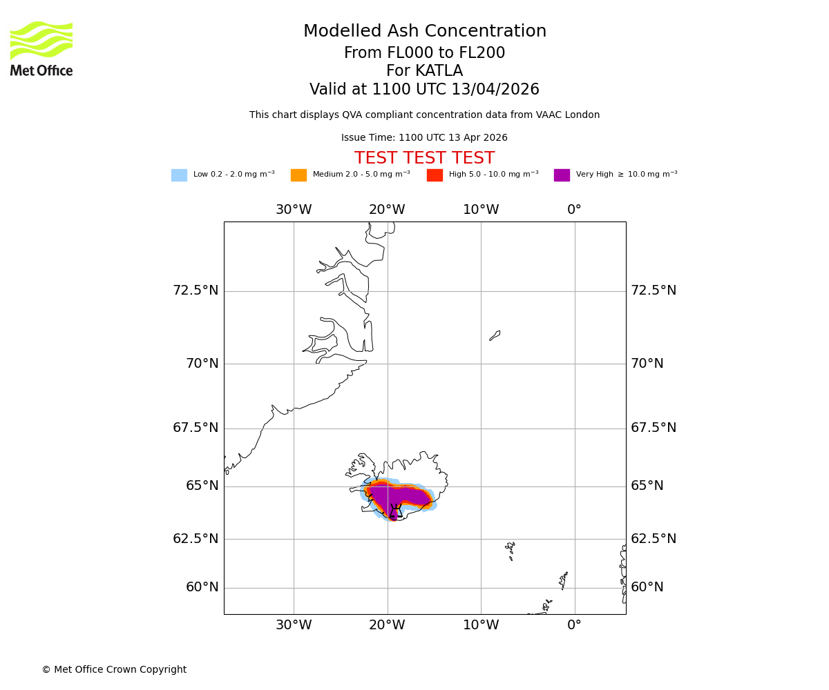 Modelled ash concentration from 000 to 200 for KATLA. Valid at 1100 UTC 13/04/2026